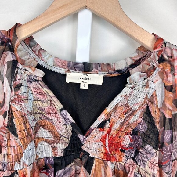 2/$30 Entro Size Small Long Puff Sleeve Chiffon Top Blouse Floral Boho - Picture 3 of 9